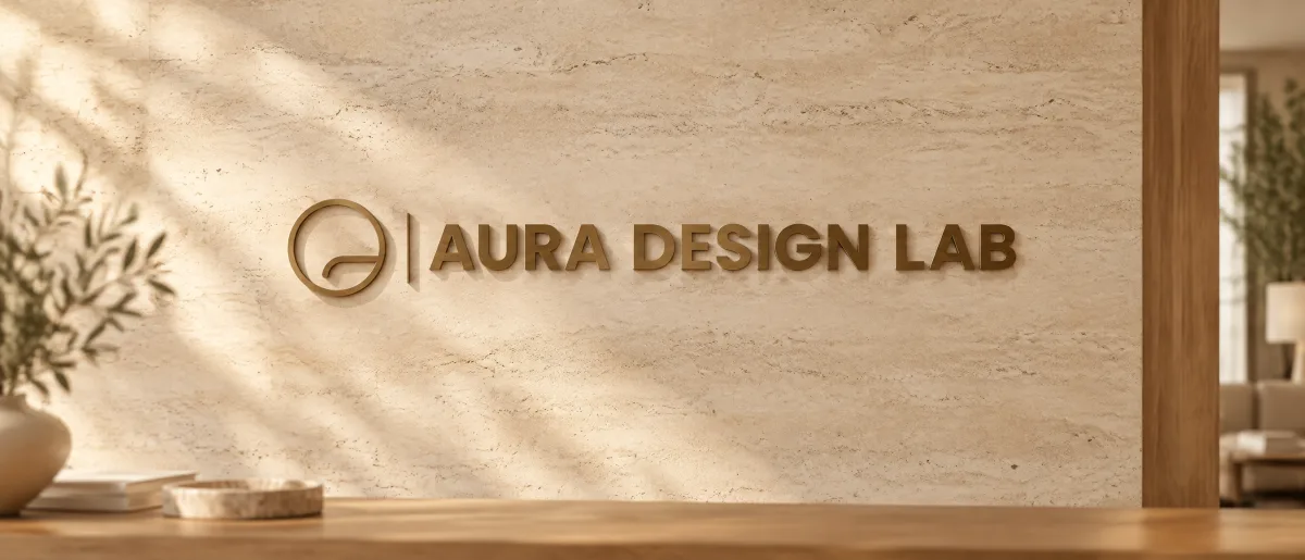 AURA DESIGN LAB Logo als Messing-Schriftzug an einer Wand aus Travertin