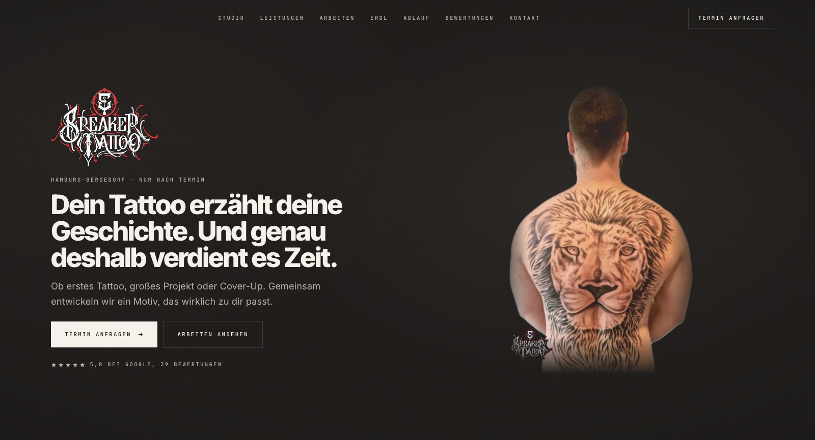 Breaker Tattoo Studio Hamburg-Bergedorf, Desktop-Ansicht der Startseite