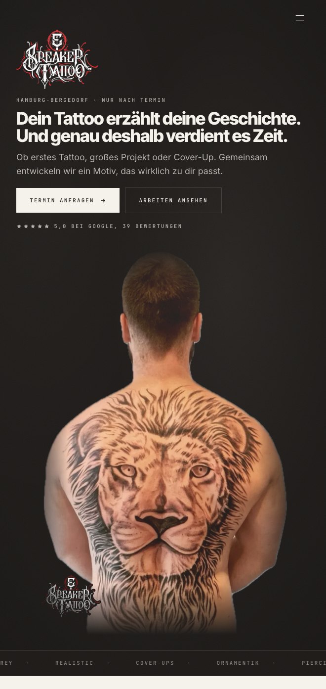 Breaker Tattoo Studio Hamburg-Bergedorf, Mobile-Ansicht der Startseite