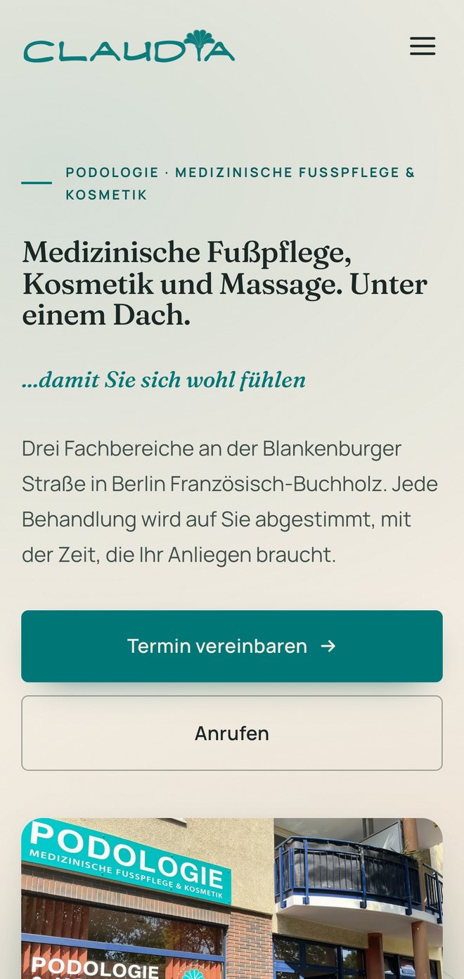 Podologie & Kosmetik Claudia Berlin Französisch-Buchholz, Mobile-Ansicht der Startseite