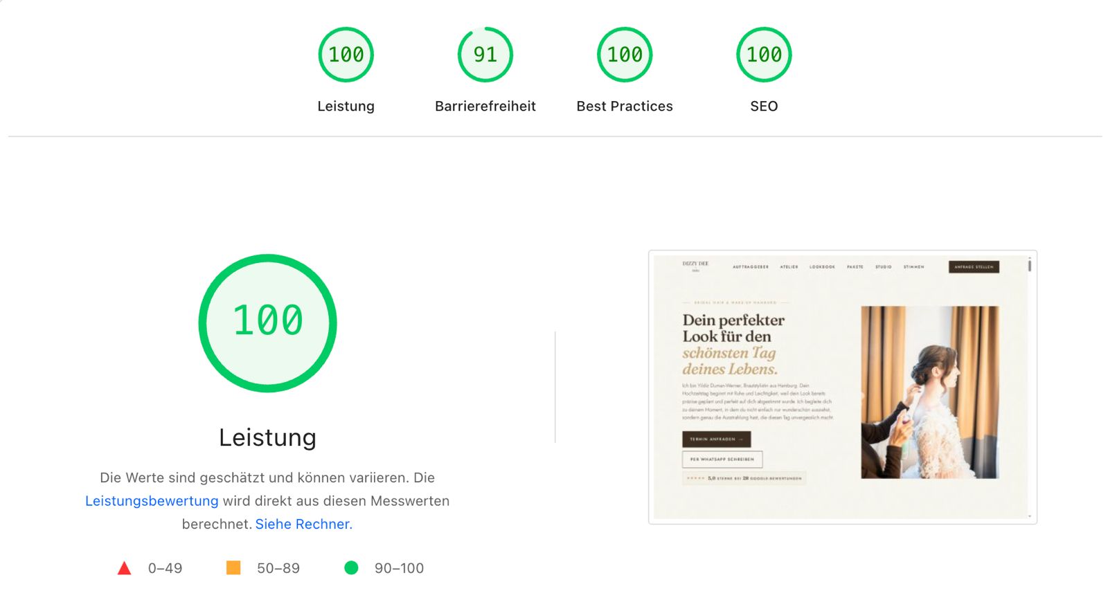 Lighthouse Scores für hamburgbrautstyling.com: 100 Performance, 91 Barrierefreiheit, 100 Best Practices, 100 SEO