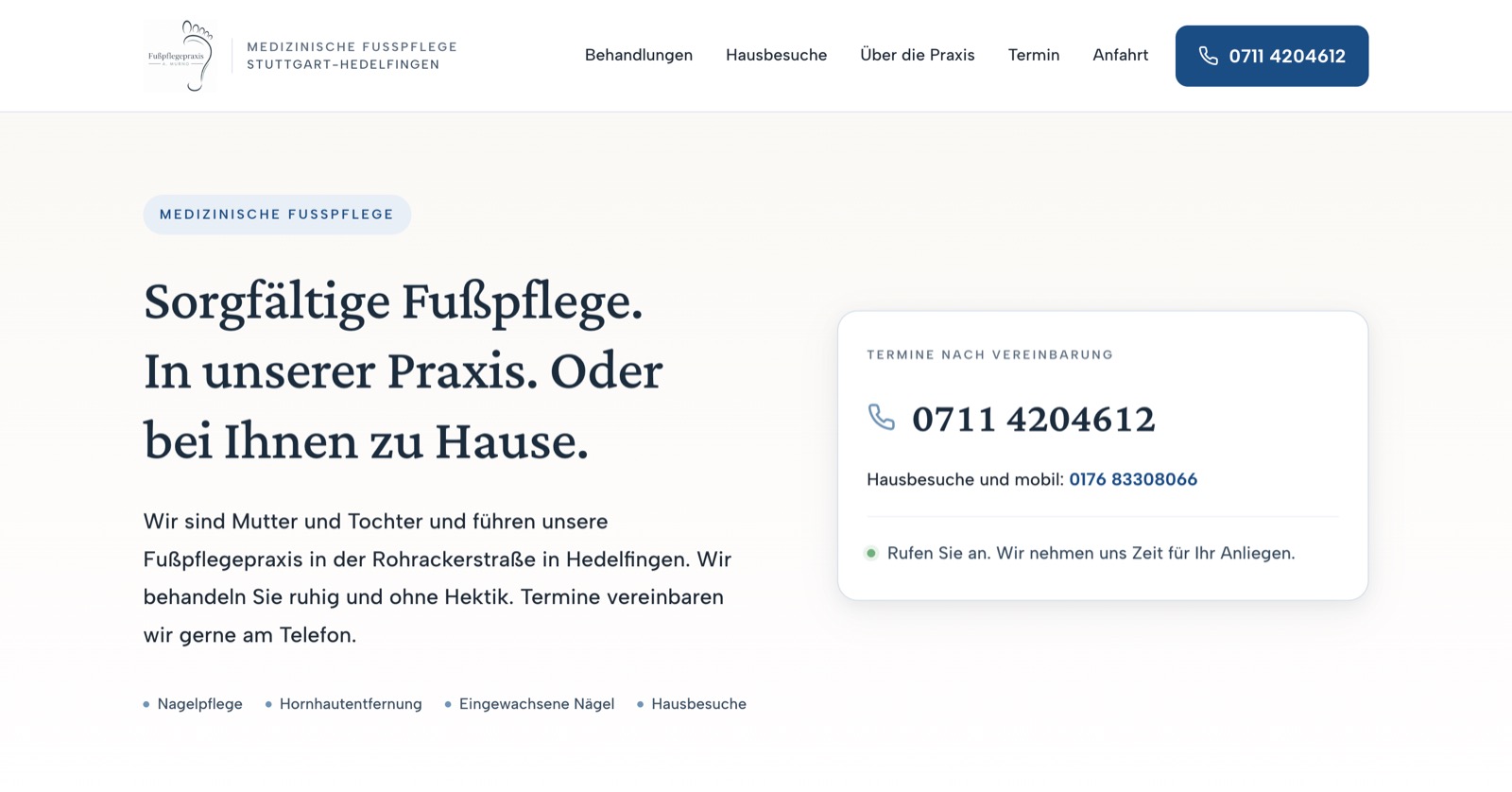 Fußpflegepraxis A. Murno Stuttgart-Hedelfingen, Desktop-Ansicht der Startseite