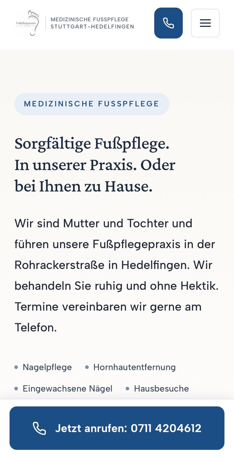 Fußpflegepraxis A. Murno Stuttgart-Hedelfingen, Mobile-Ansicht der Startseite