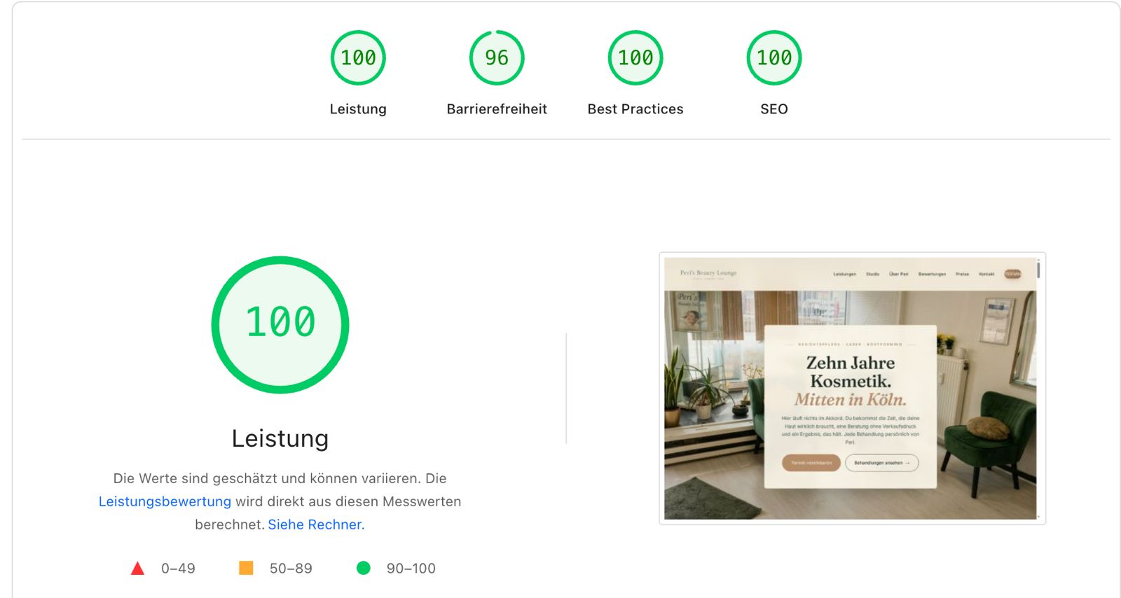 Lighthouse Scores für peris-beauty-lounge.de: 100 Performance, 96 Barrierefreiheit, 100 Best Practices, 100 SEO