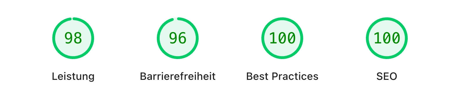 PageSpeed Insights für Derma Beauty Concept: Leistung 98, Barrierefreiheit 96, Best Practices 100, SEO 100
