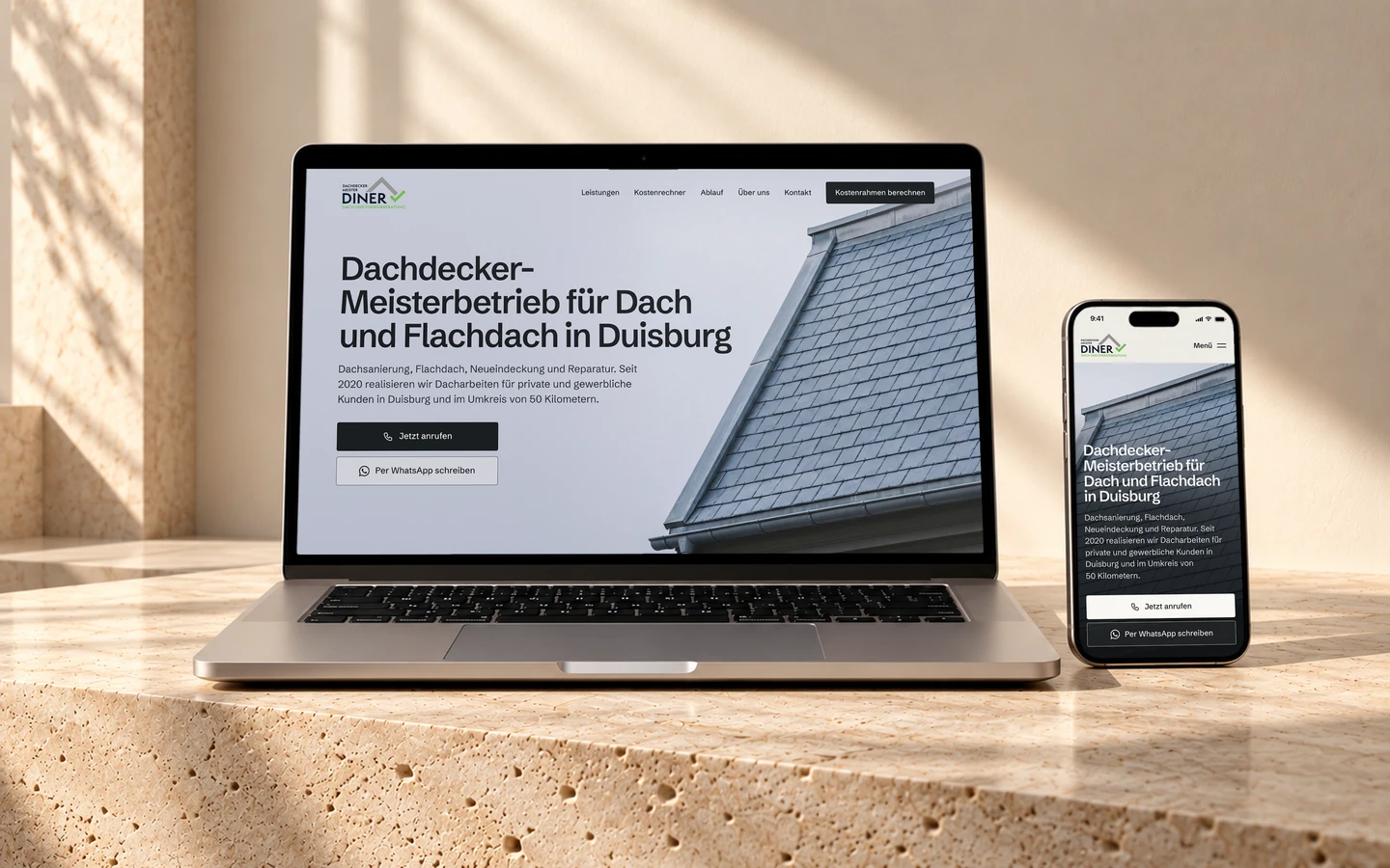 Website von Dachdecker-Meister Diner, umgesetzt von AURA DESIGN LAB, auf Laptop und Smartphone