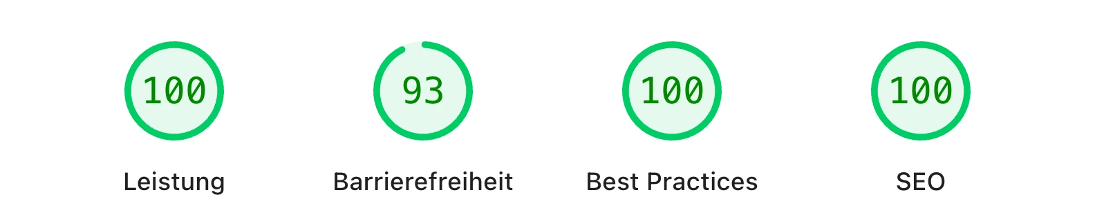 PageSpeed Insights für Dizzy Dee Styles: Leistung 100, Barrierefreiheit 93, Best Practices 100, SEO 100