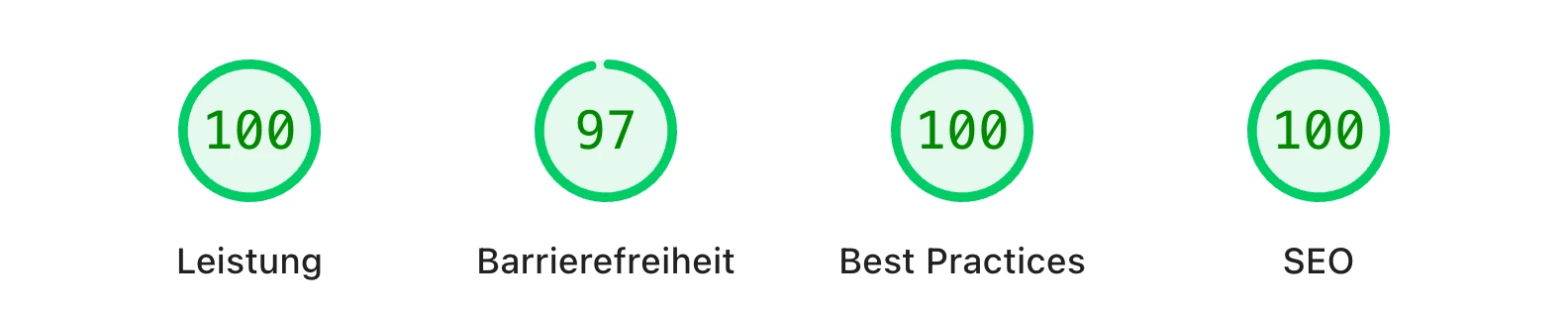 PageSpeed Insights für Holly Skinlab, Gutscheinsystem: Leistung 100, Barrierefreiheit 97, Best Practices 100, SEO 100