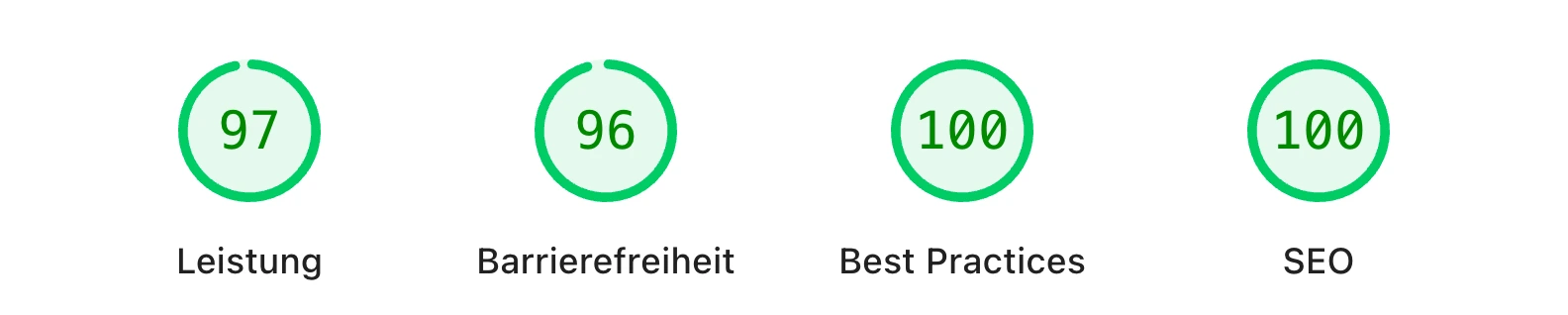 PageSpeed Insights für Holly Skinlab: Leistung 97, Barrierefreiheit 96, Best Practices 100, SEO 100