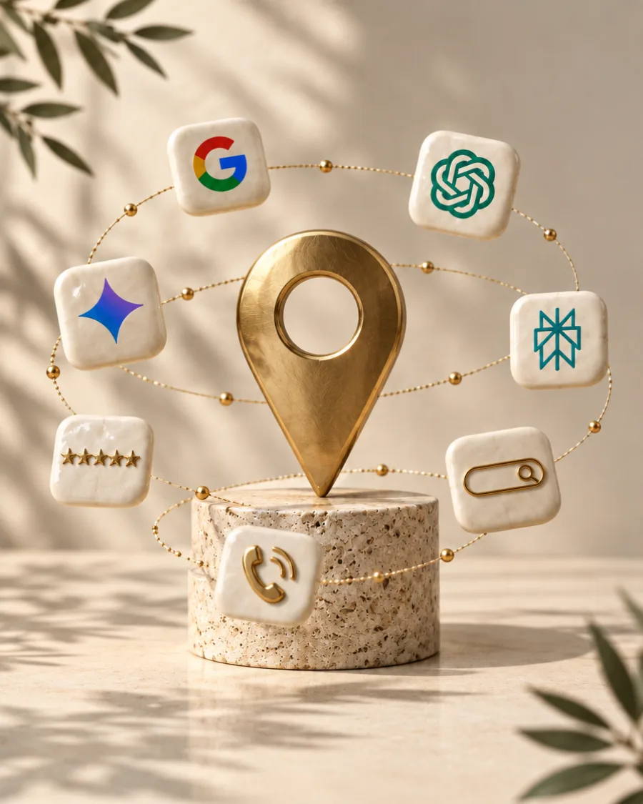 Grafik: Eine Kartennadel aus Messing, umgeben von Google, ChatGPT, Gemini, Perplexity, Bewertungssternen und einem Telefon